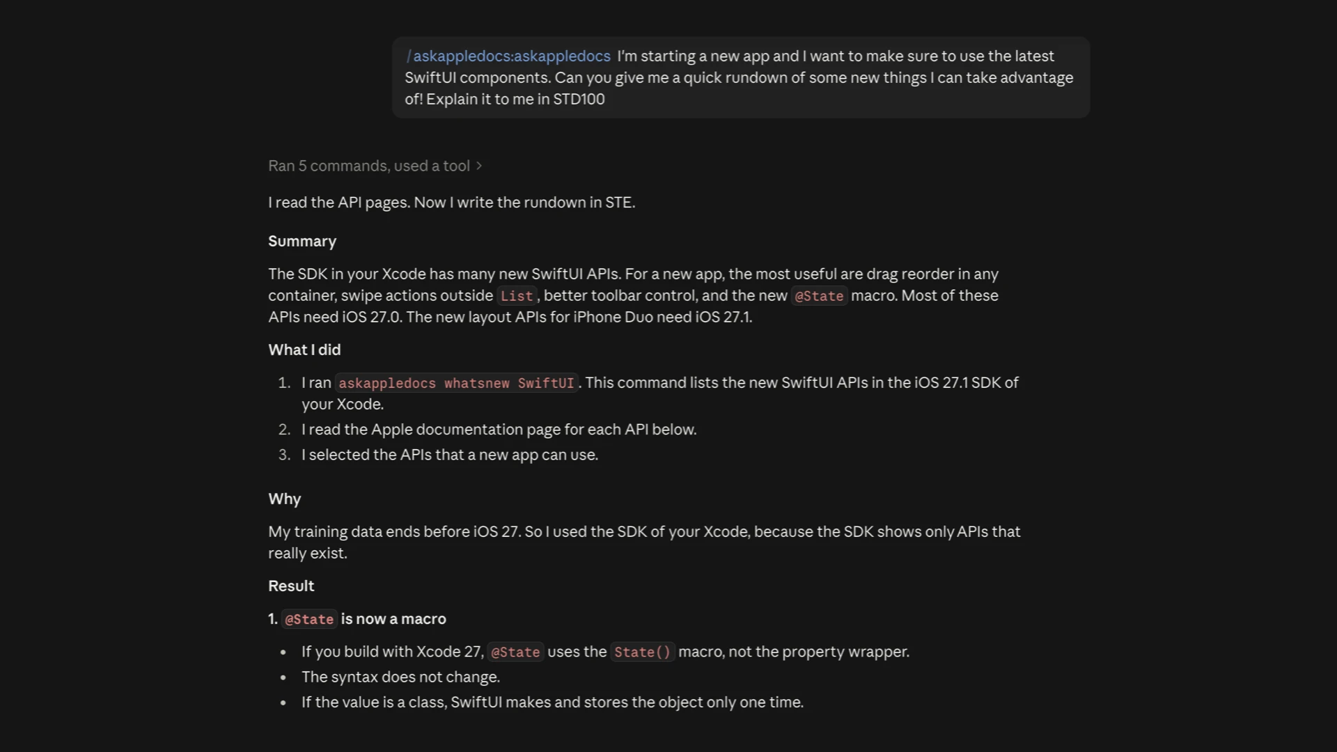 AskAppleDocs in Claude Code: asked for new SwiftUI APIs, Claude runs askappledocs whatsnew SwiftUI, reads Apple's pages, and explains that @State is now a macro.