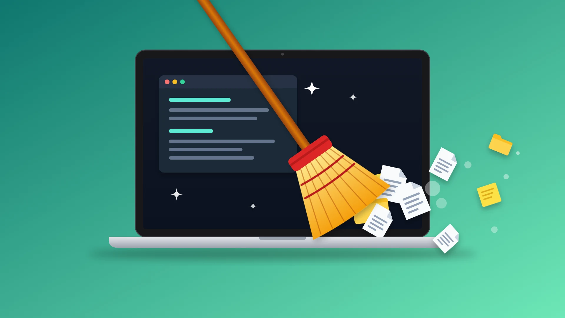 A broom sweeps a pile of old files and notes off a laptop screen, and leaves a tidy window and sparkles behind.