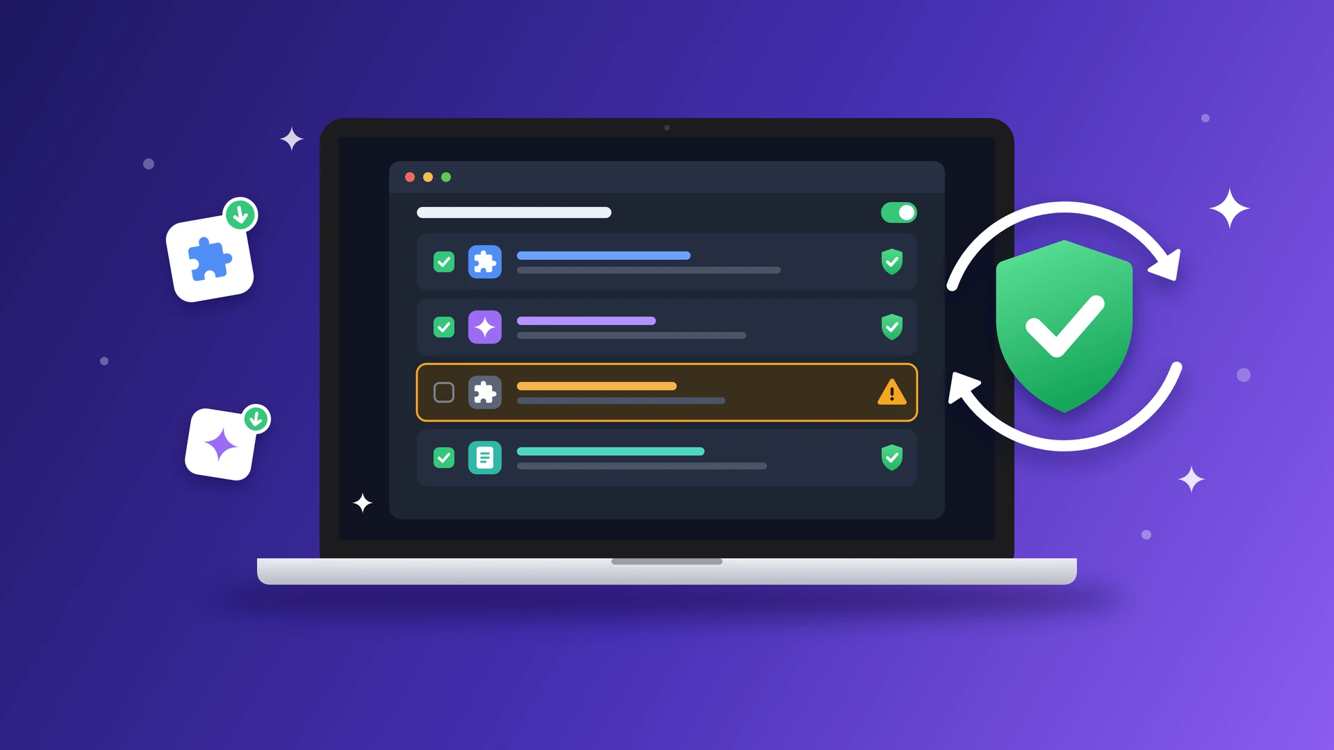 A laptop shows a list of plugins and skills: three are ticked with a green shield, and one is unticked with an amber warning. A big green shield sits inside two circling update arrows beside it.
